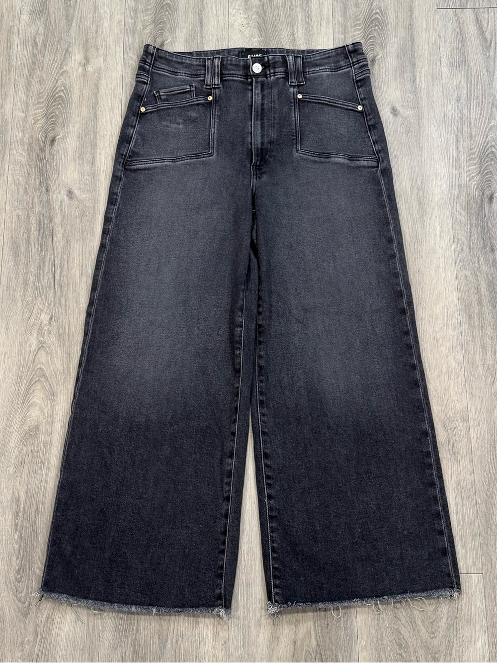 PAIGE ANESSA Black Jasper Raw Hem Denim High Rise Wide-Leg Cropped Ankle Jeans